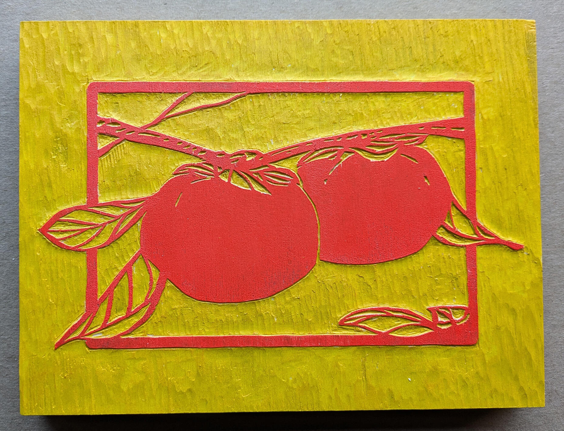 Persimmons, Woodcut and Acrylic